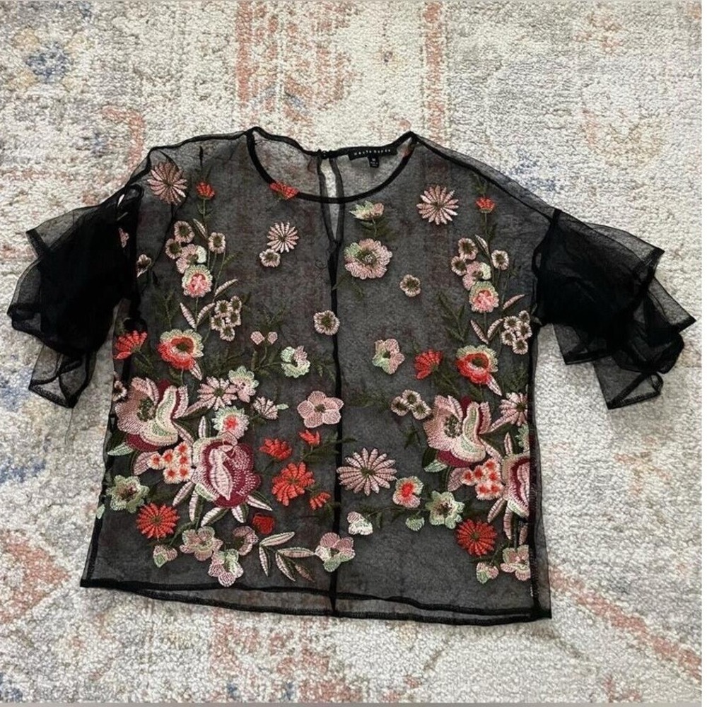 Haute Monde Dark‎ Romantic Embroidered Floral Mesh Blouse Whimsigoth Top-Size M